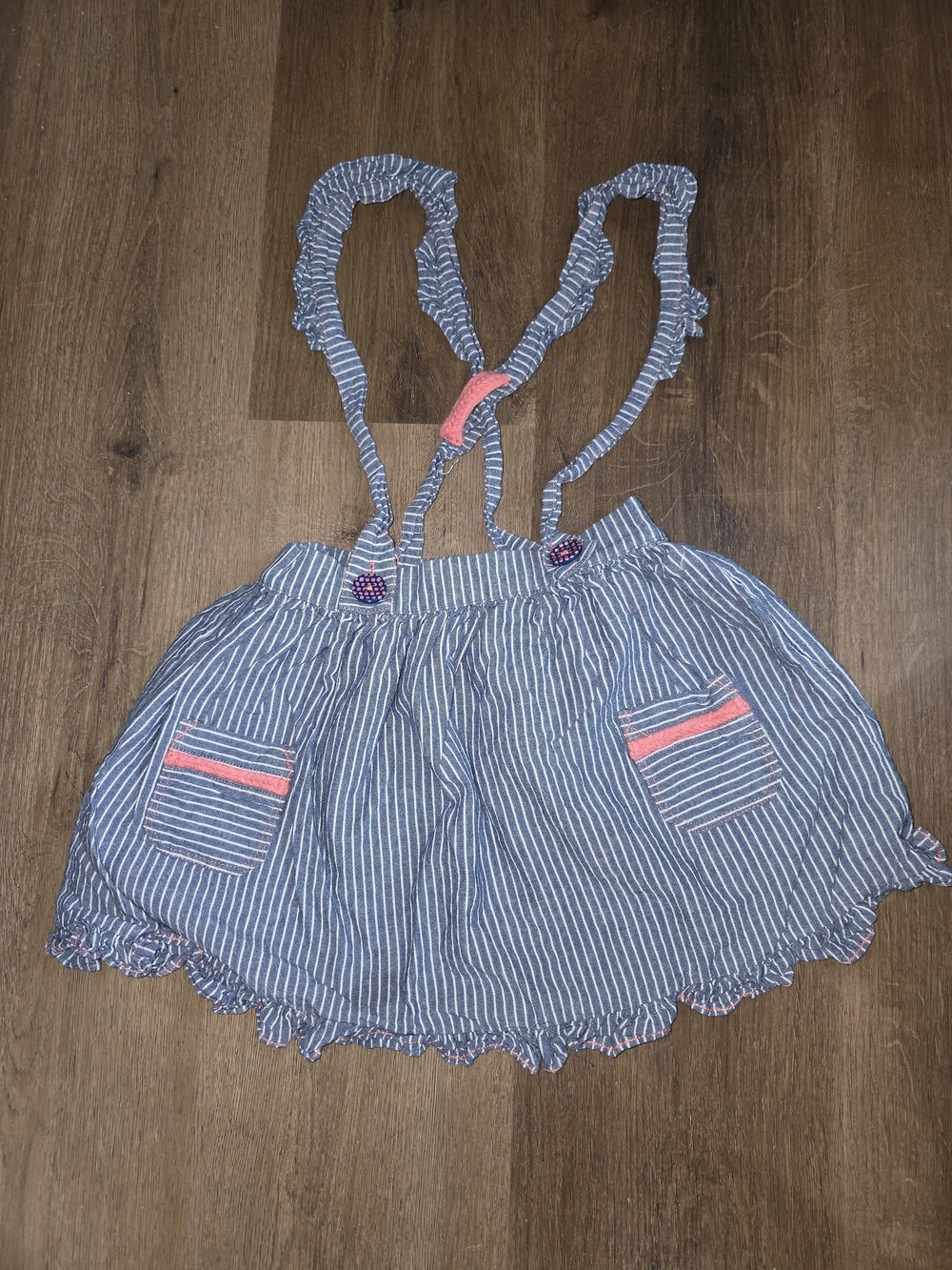 Matilda Jane Blue and White Striped Suspender Skirt with Pink Accents